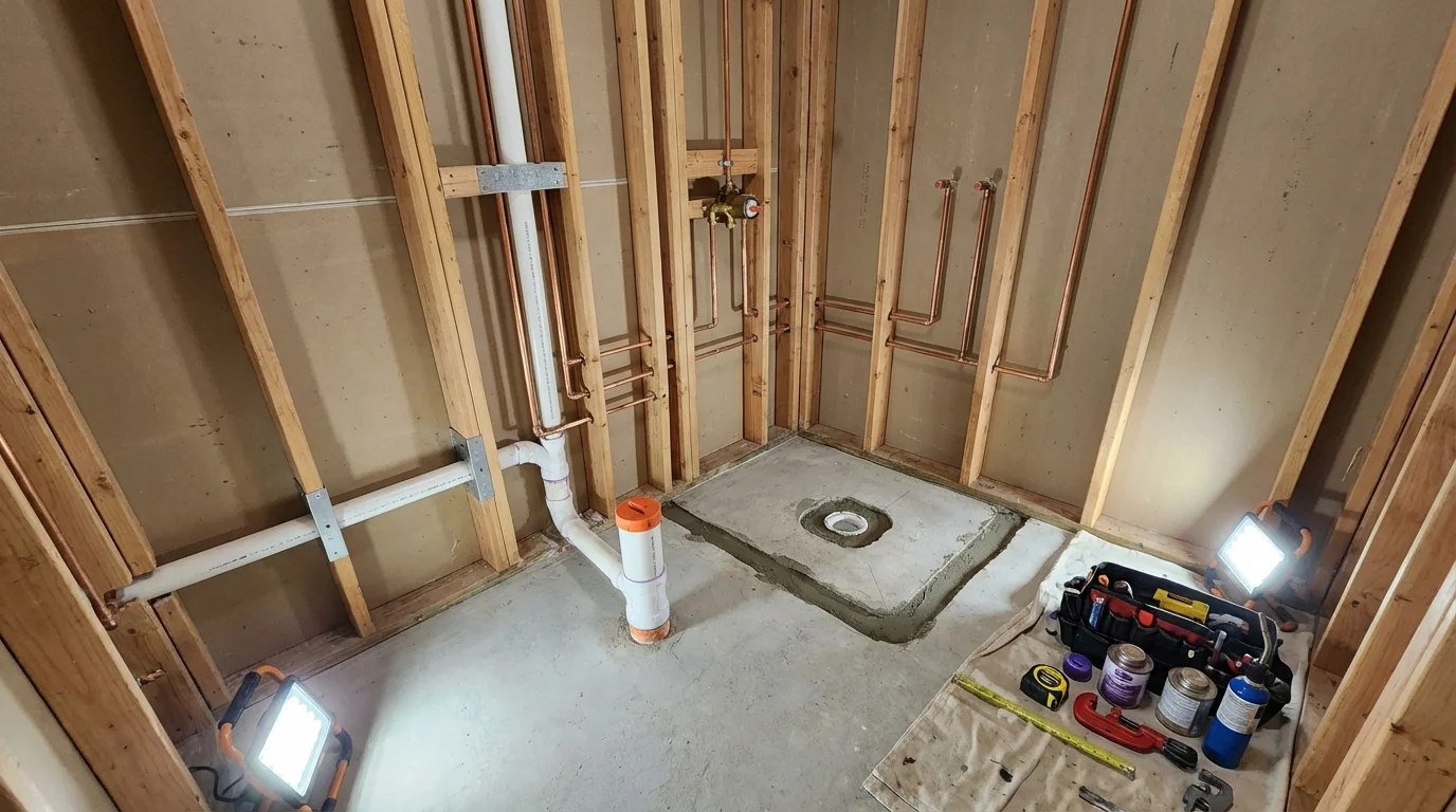 Bathroom rough-in plumbing during remodel by Johns Plumbing LLC in Hurley