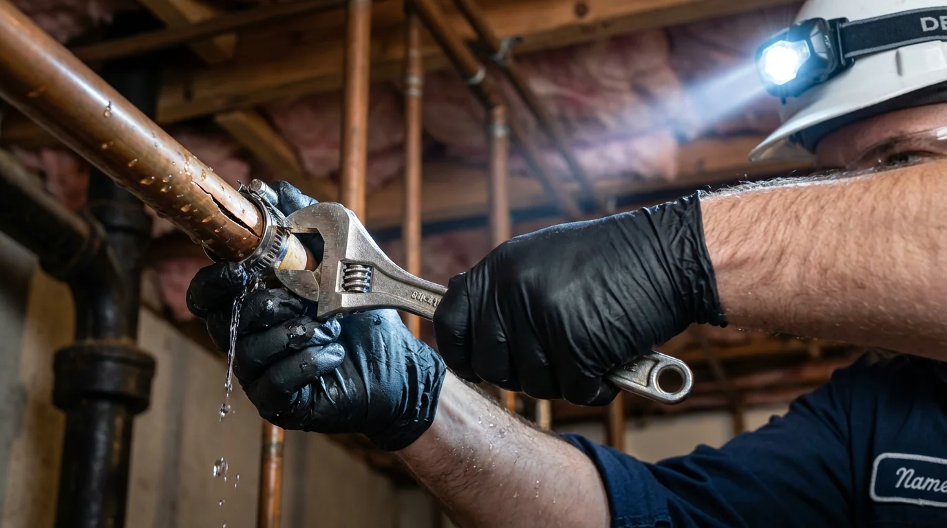 Emergency pipe clamp repair being performed by a Johns Plumbing LLC plumber in Hurley