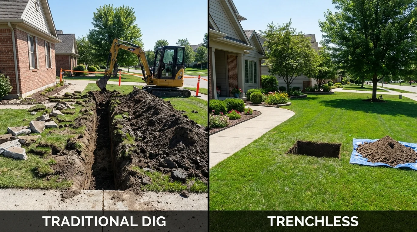 Trenchless sewer repair with minimal yard damage versus traditional excavation in Hurley, NM